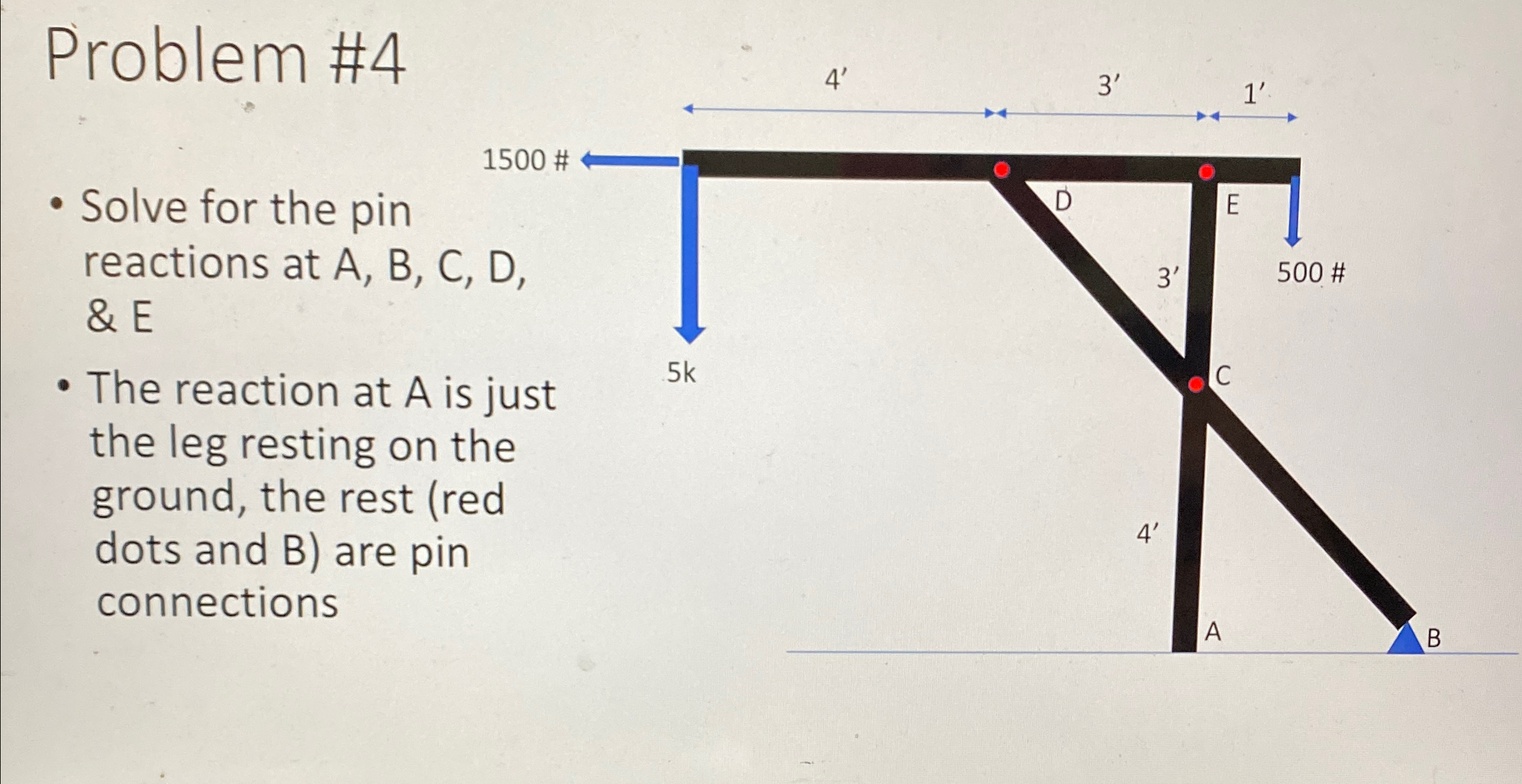 Problem # 4 Solve for the pin reactions at A , B