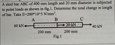 A steel bar ABC of 4 0 0 m m length and 2 0 m m