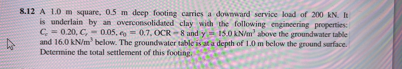 8 . 1 2 A 1 . 0 m square, 0 . 5 m deep footing