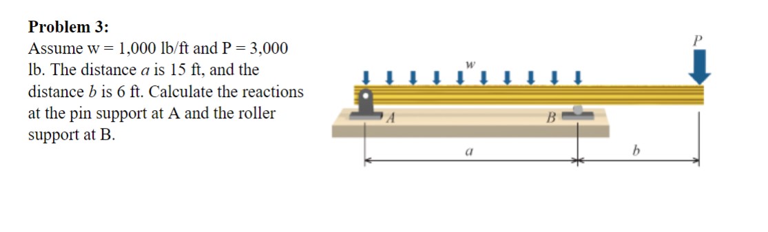 Assume w = 1 , 0 0 0 lb / ft and P = 3 , 0 0 0 lb