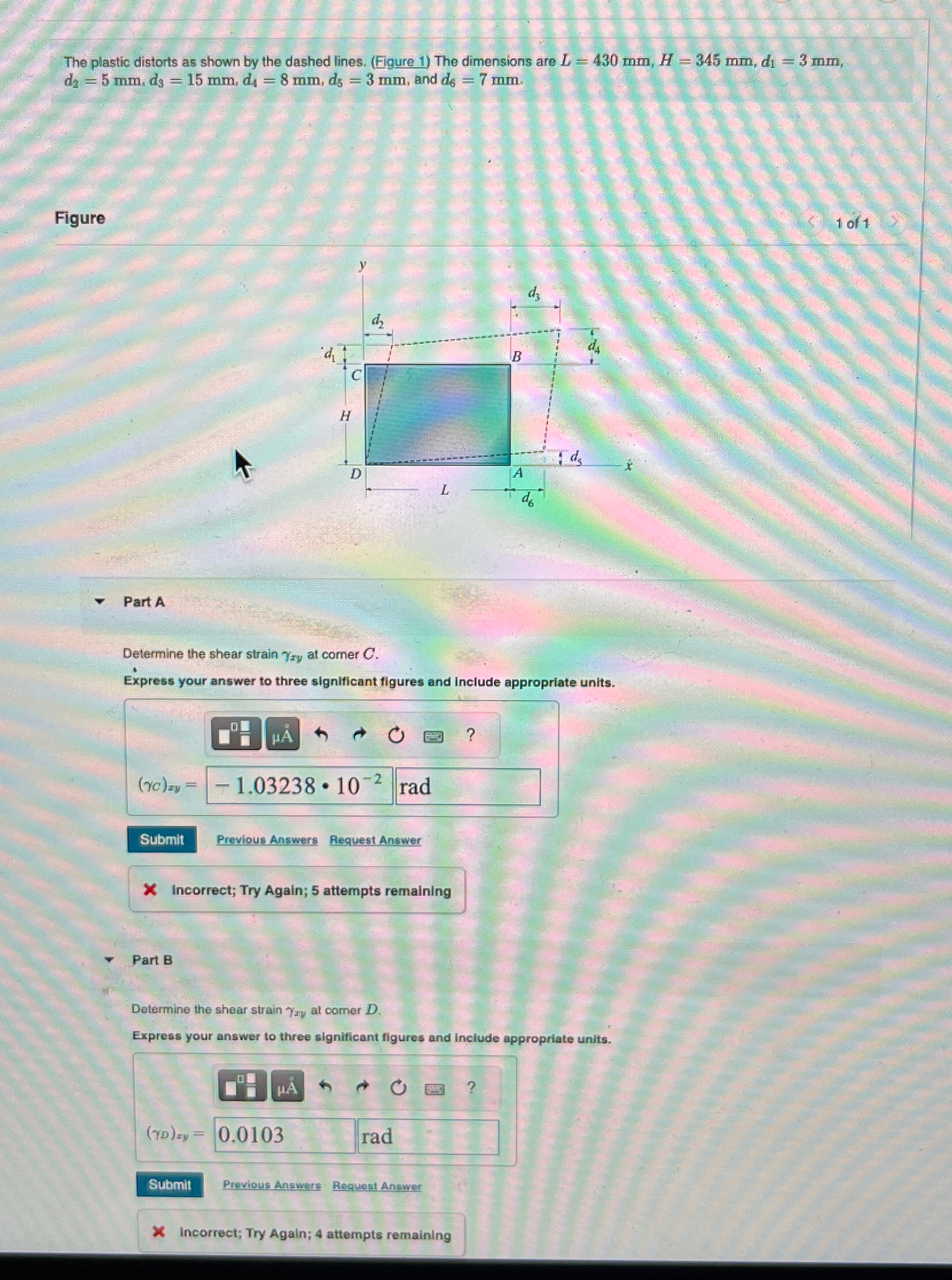 The plastic distorts as shown by the dashed