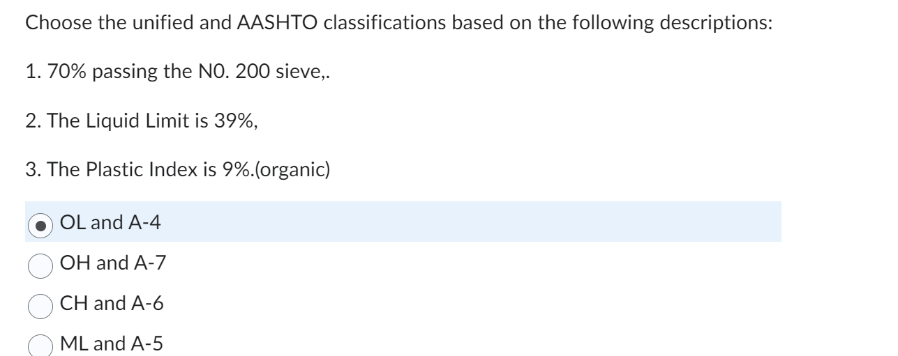 Choose the unified and AASHTO classifications