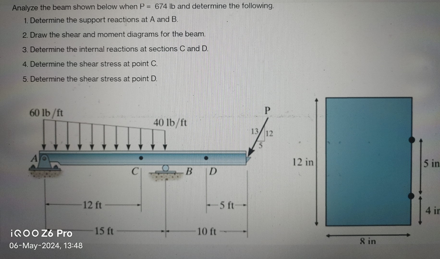 Analyze the beam shown below when P = 6 7 4 l b