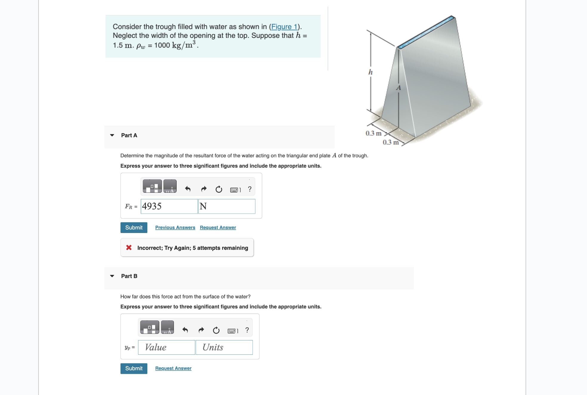 Consider the trough filled with water as shown in