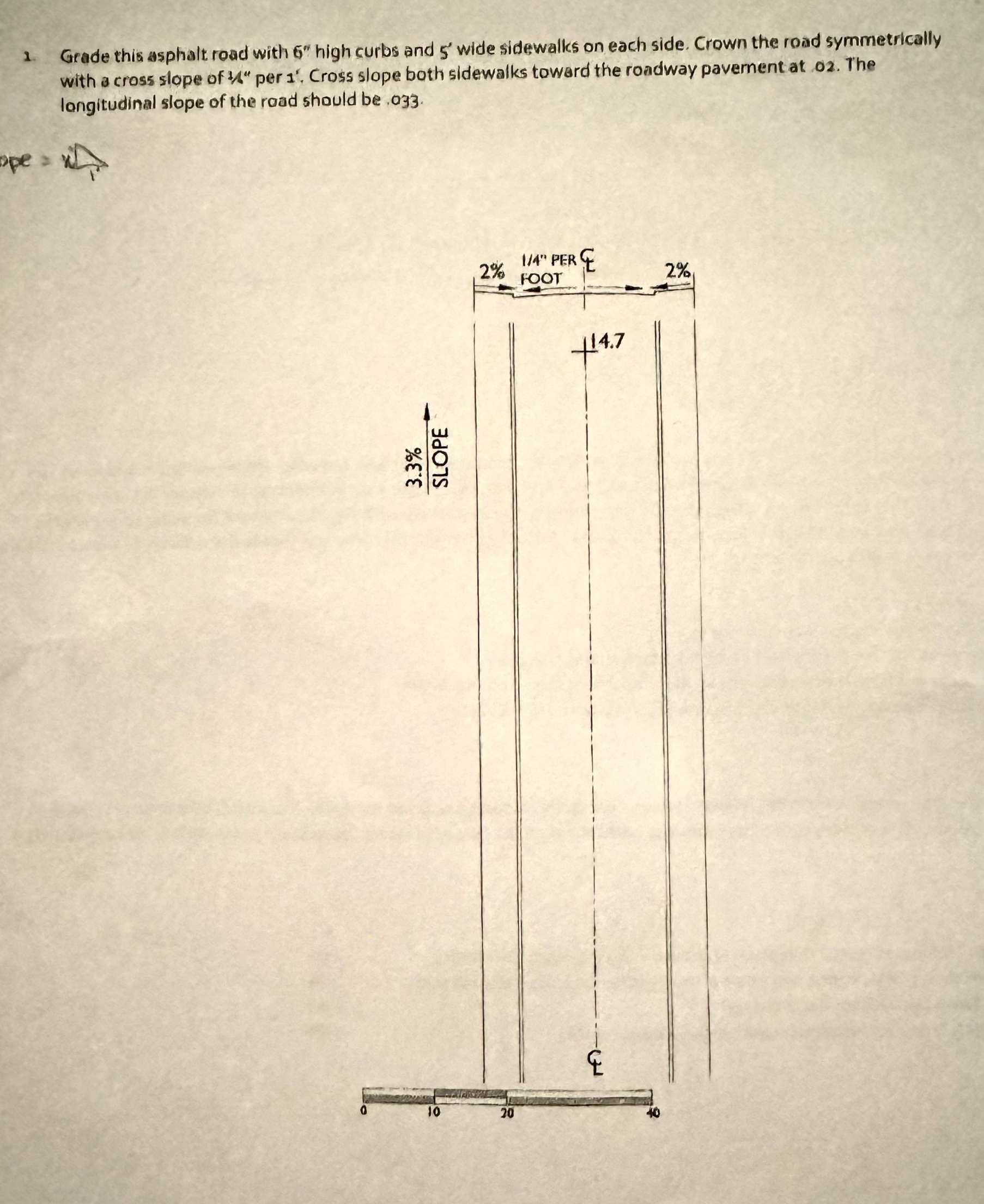 Grade this asphalt road with 6 ' ' high curbs and