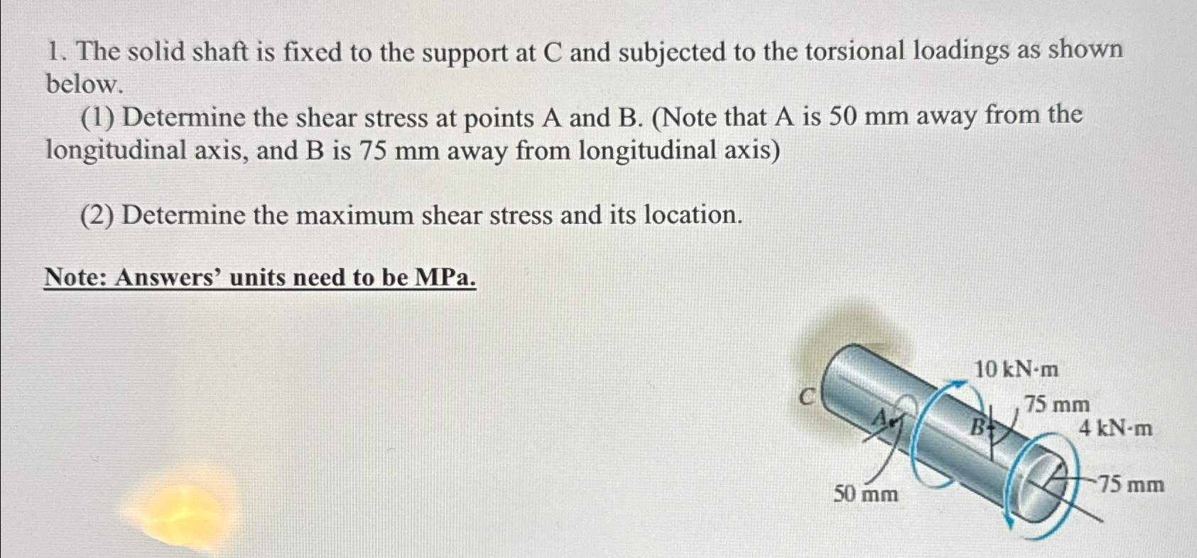 The solid shaft is fixed to the support at C and