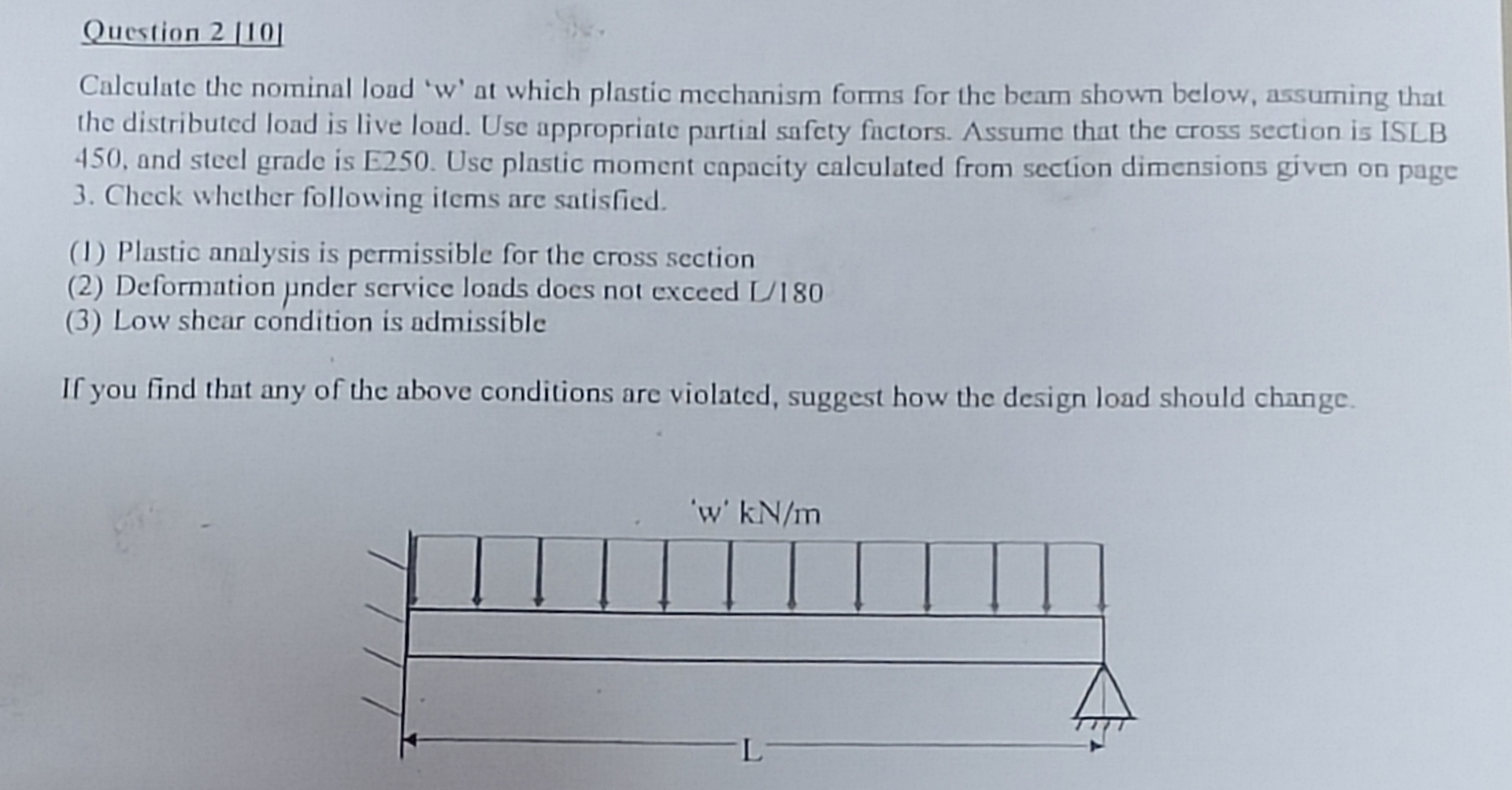 Question 2 1 0 1 Calculate the nominal load ' w '