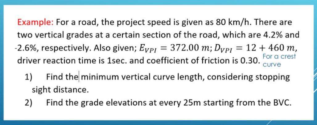 Example: For a road, the project speed is given