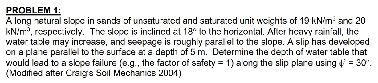 PROBLEM 1 : A long natural slope in sands of