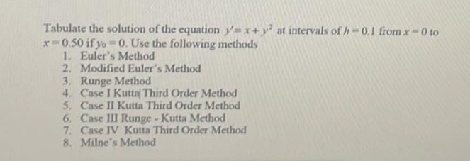 Tabulate the solution of the equation + y at
