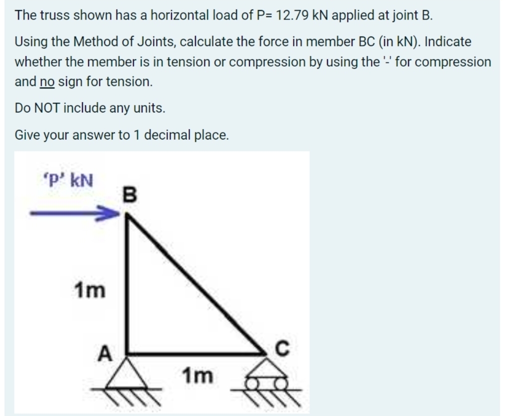 The truss shown has a horizontal load of P = 1 2