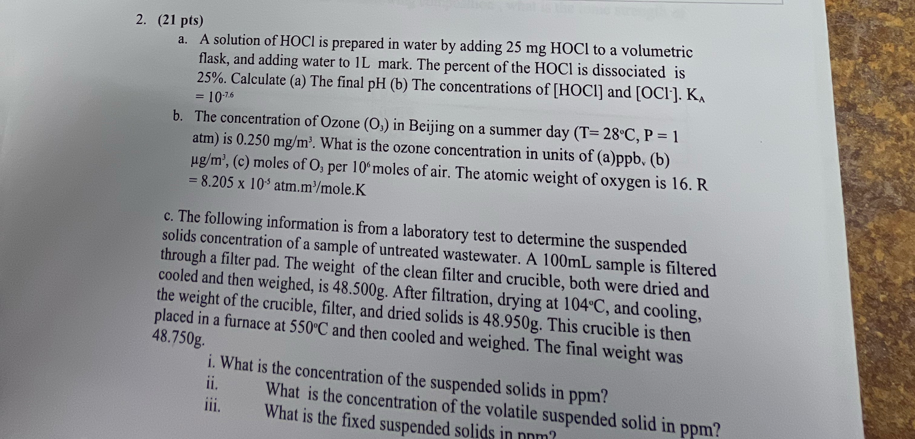 ( 2 1 pts ) a . A solution of HOCl is prepared in