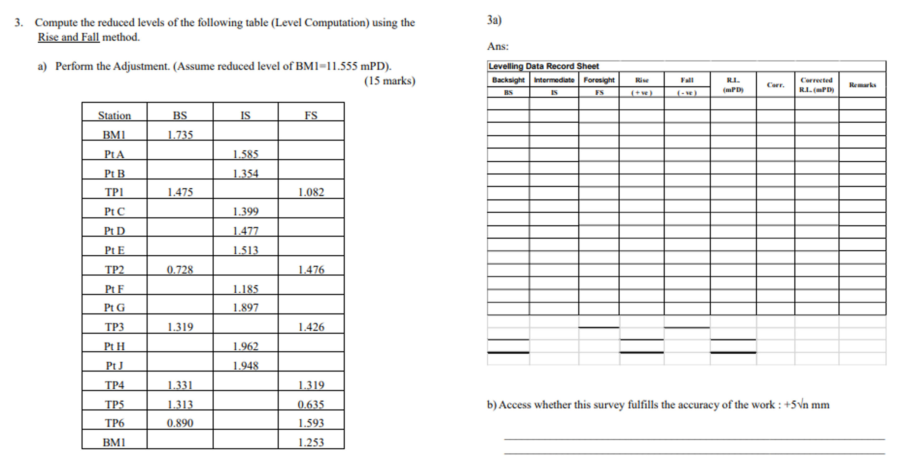 Compute the reduced levels of the following table