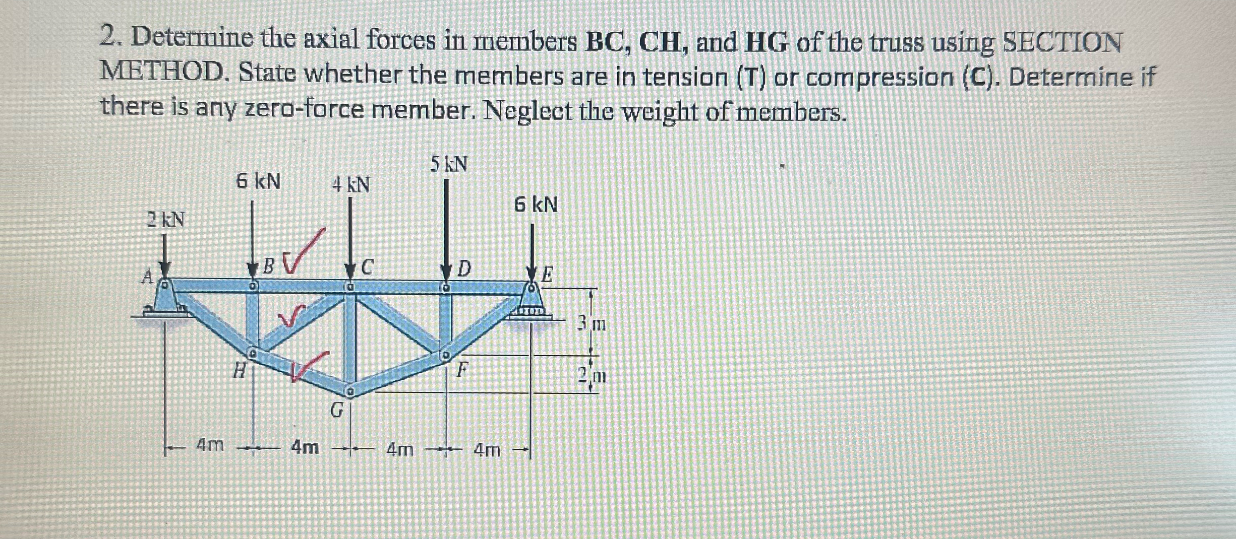 Determine the axial forces in members BC , C H ,