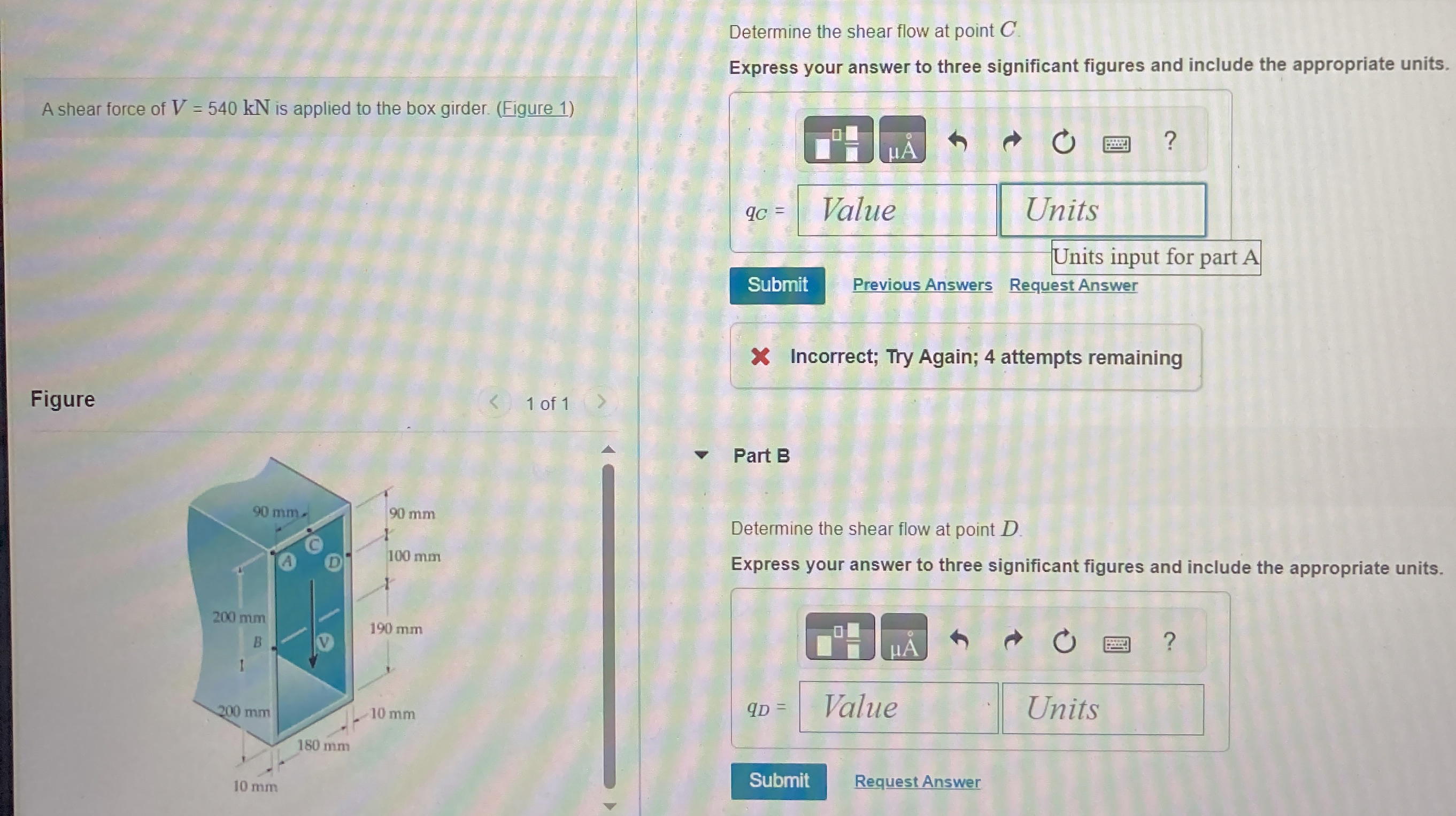 Determine the shear flow at point C . Express