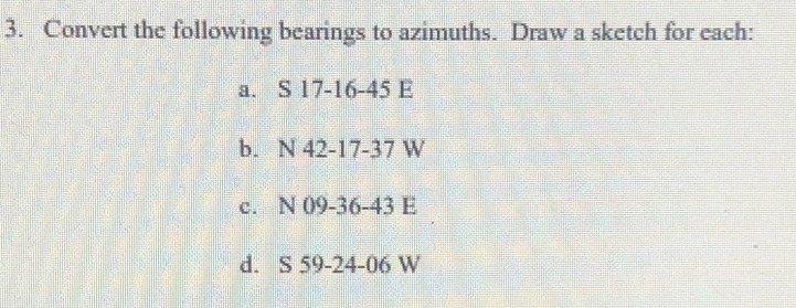 Convert the following bearings to azimuths. Draw