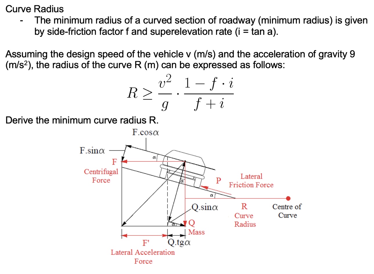 Curve Radius The minimum radius of a curved