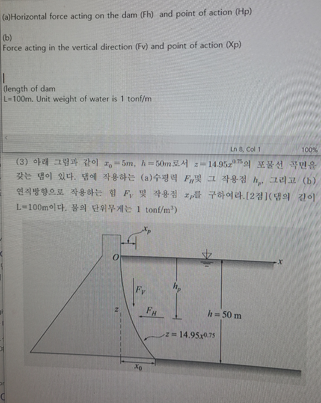 ( a ) Horizontal force acting on the dam ( Fh )