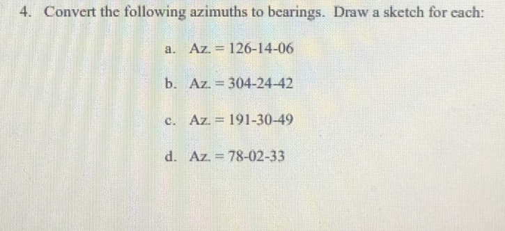 Convert the following azimuths to bearings. Draw