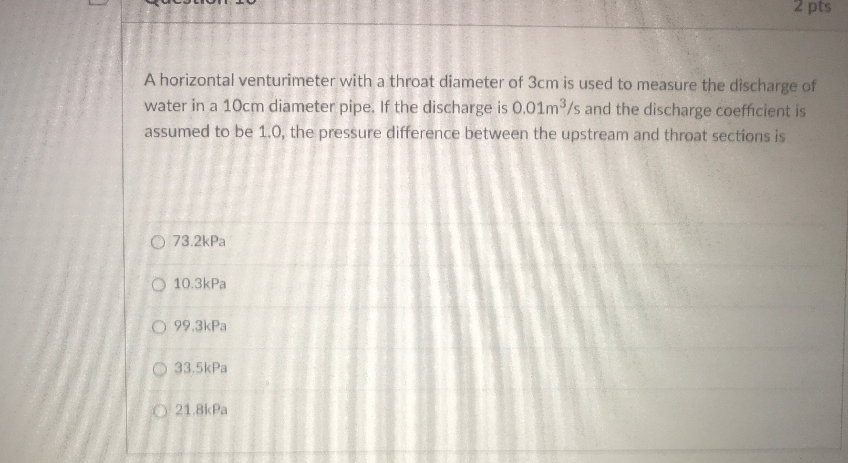 A horizontal venturimeter with a throat diameter