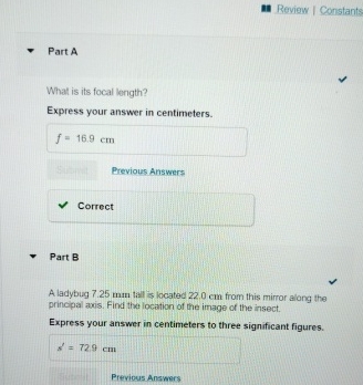Review Constants Part A What is its focal length?