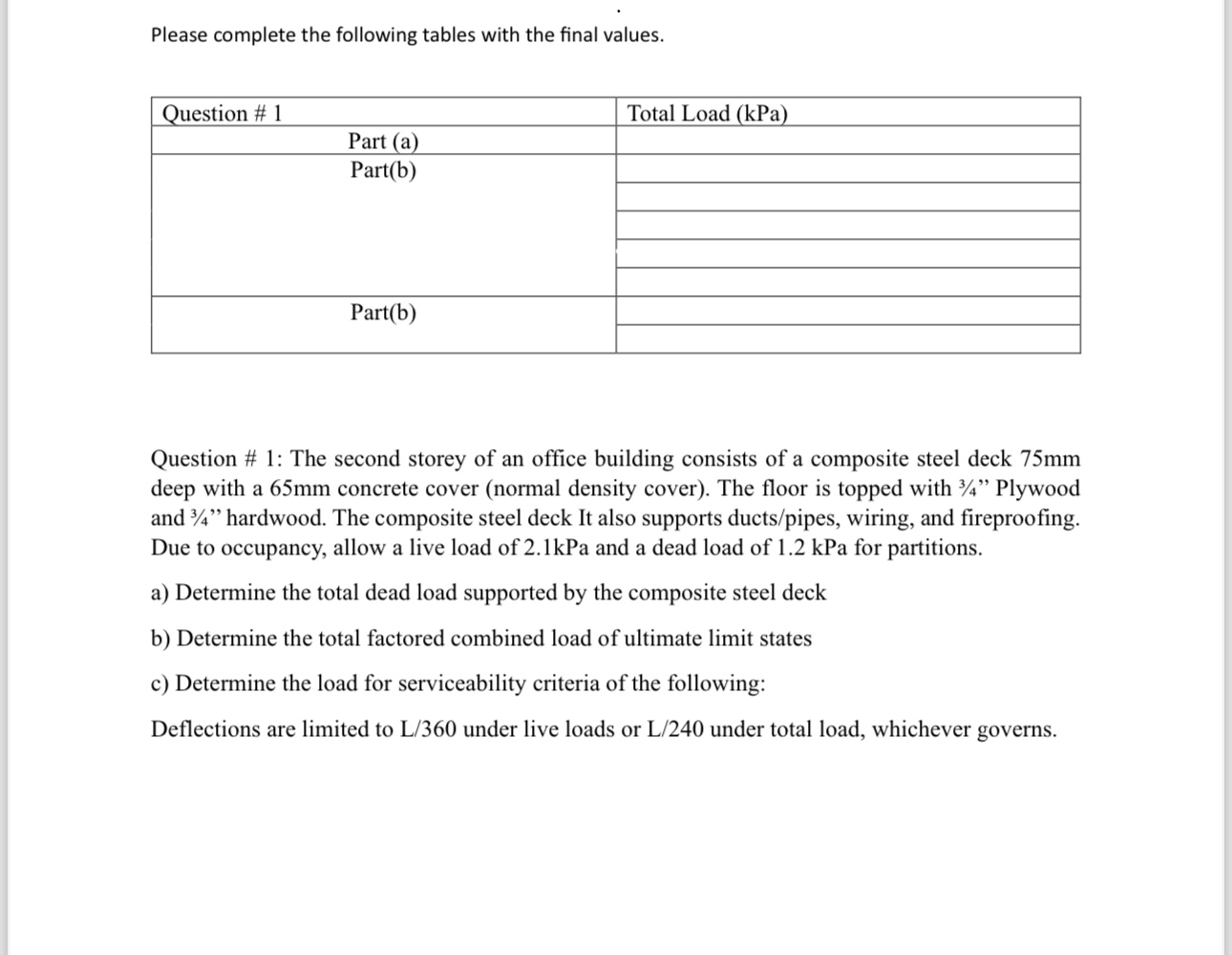 Please complete the following tables with the