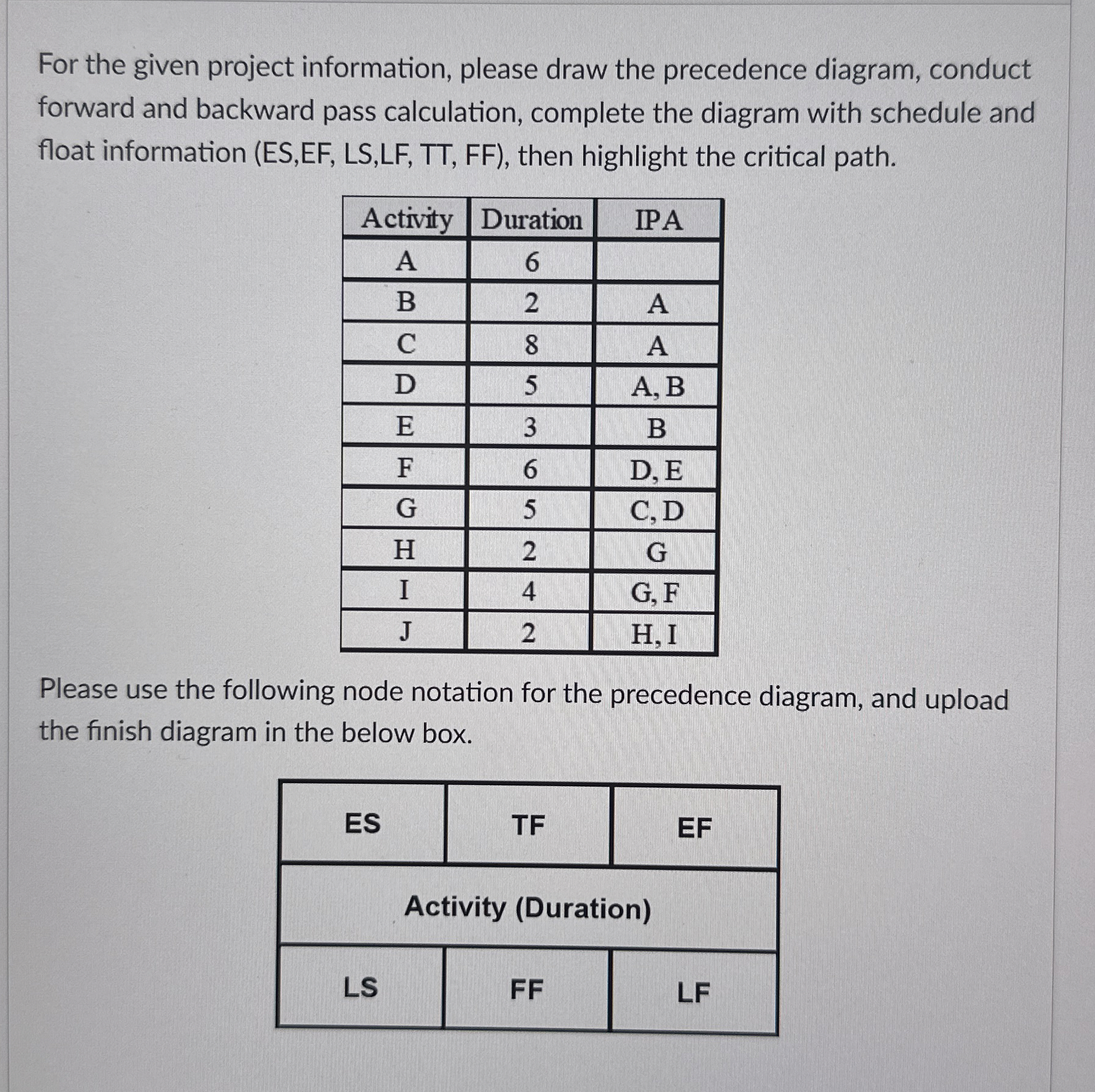For the given project information, please draw