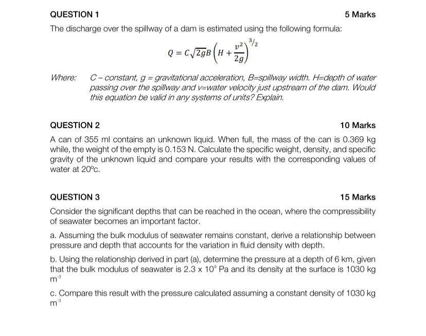 QUESTION 1 5 Marks The discharge over the