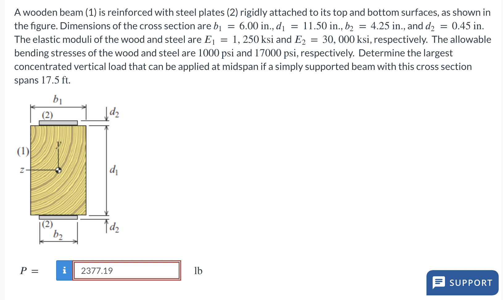 A wooden beam ( 1 ) is reinforced with steel