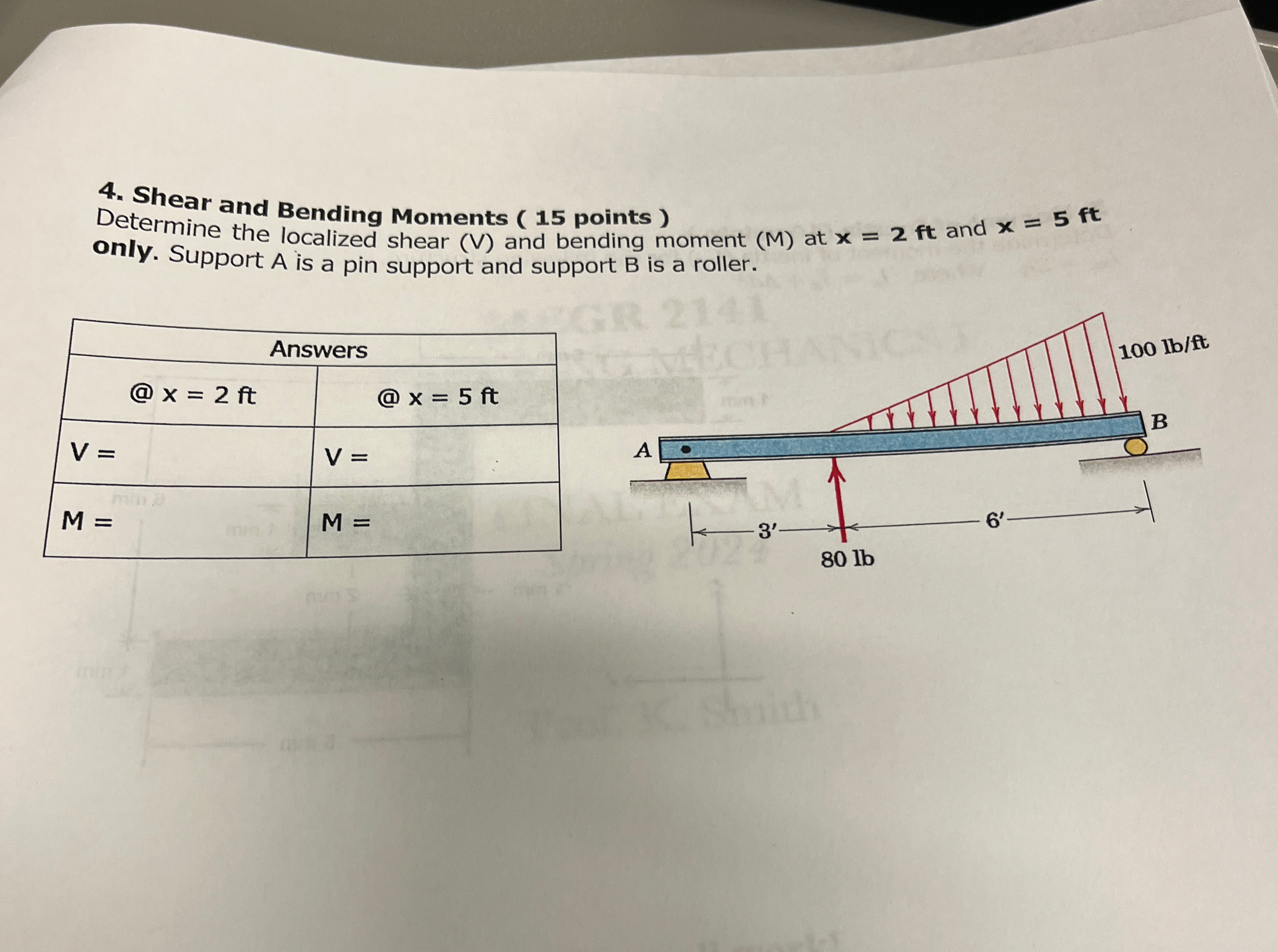 Shear and Bending Moments ( 1 5 points )