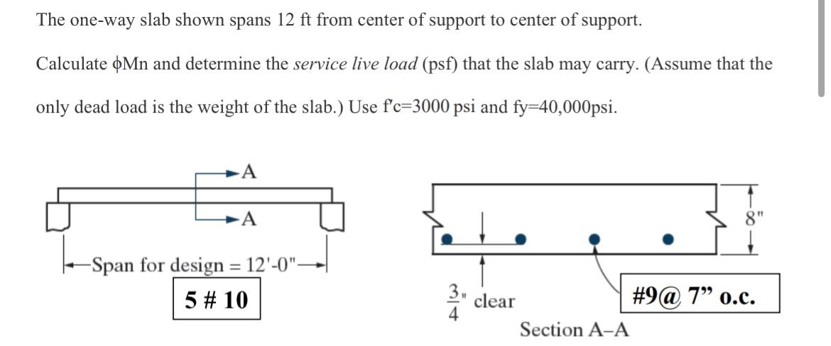 The one - way slab shown spans 1 2 ft from center