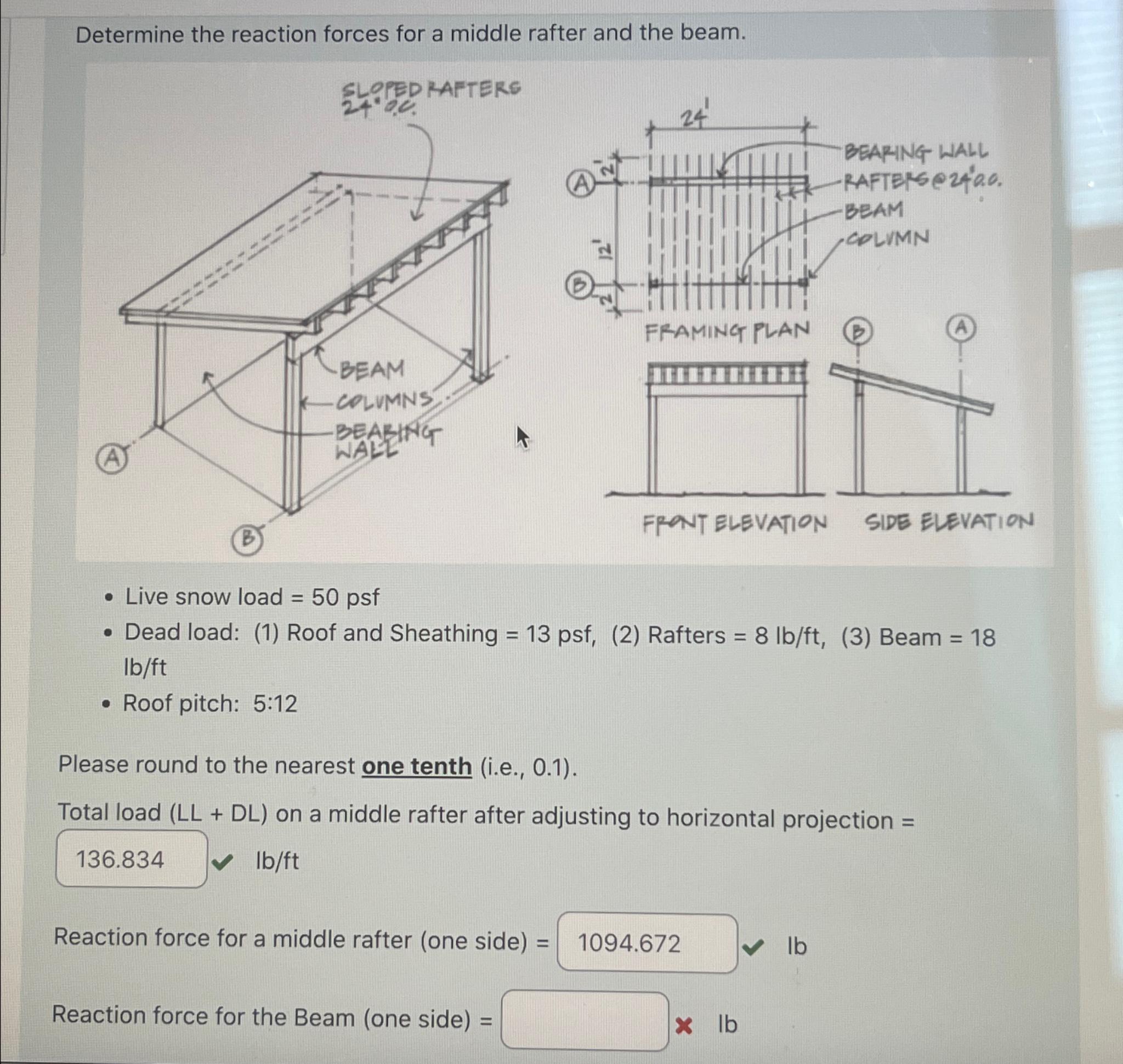 Determine the reaction forces for a middle rafter