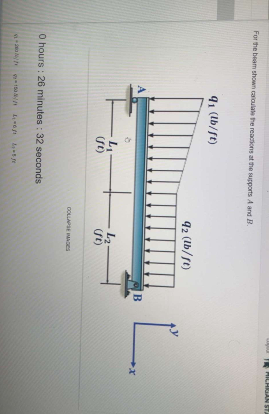 For the beam shown calculate the reactions at the