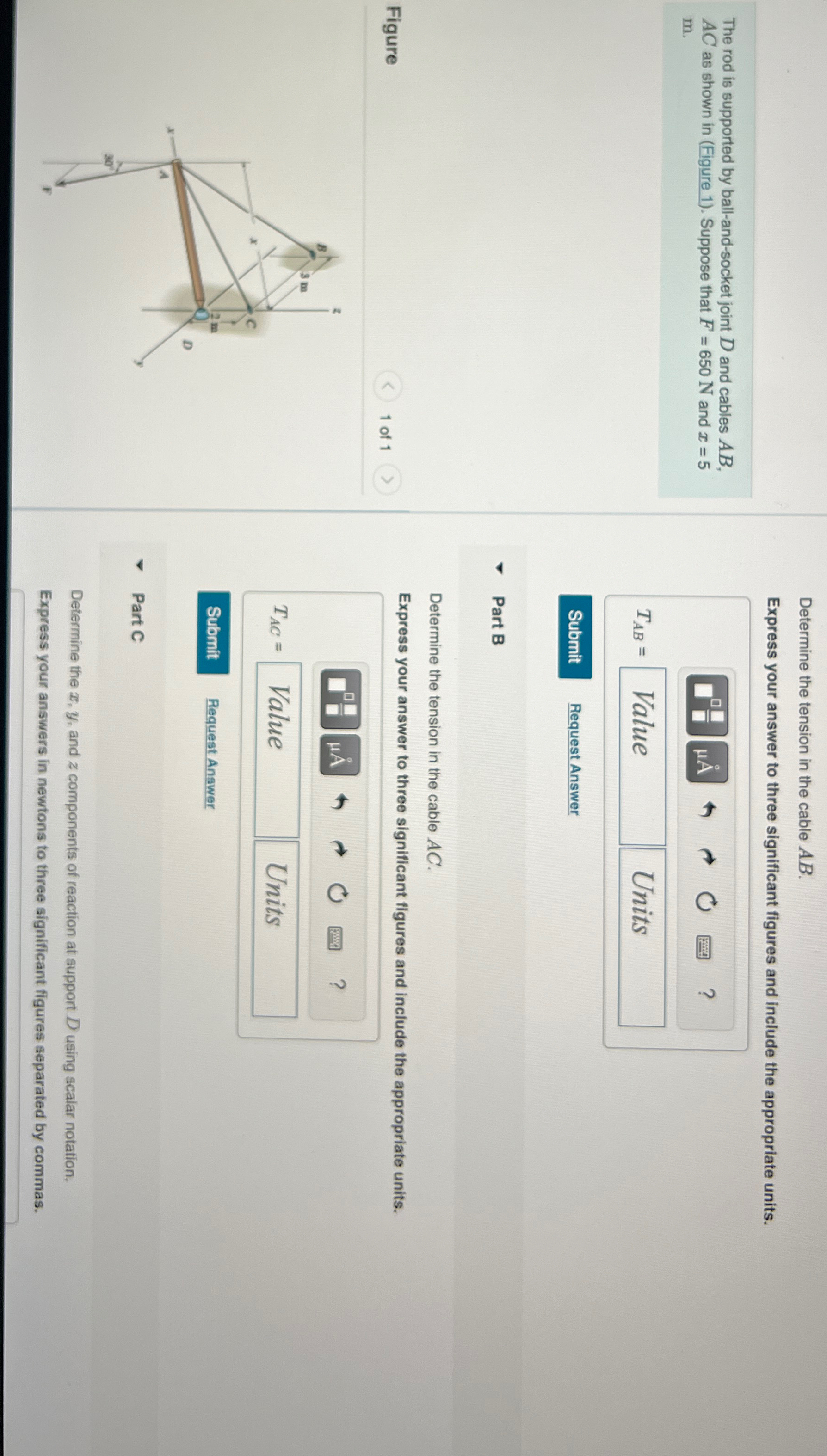 Determine the tension in the cable A B . The rod