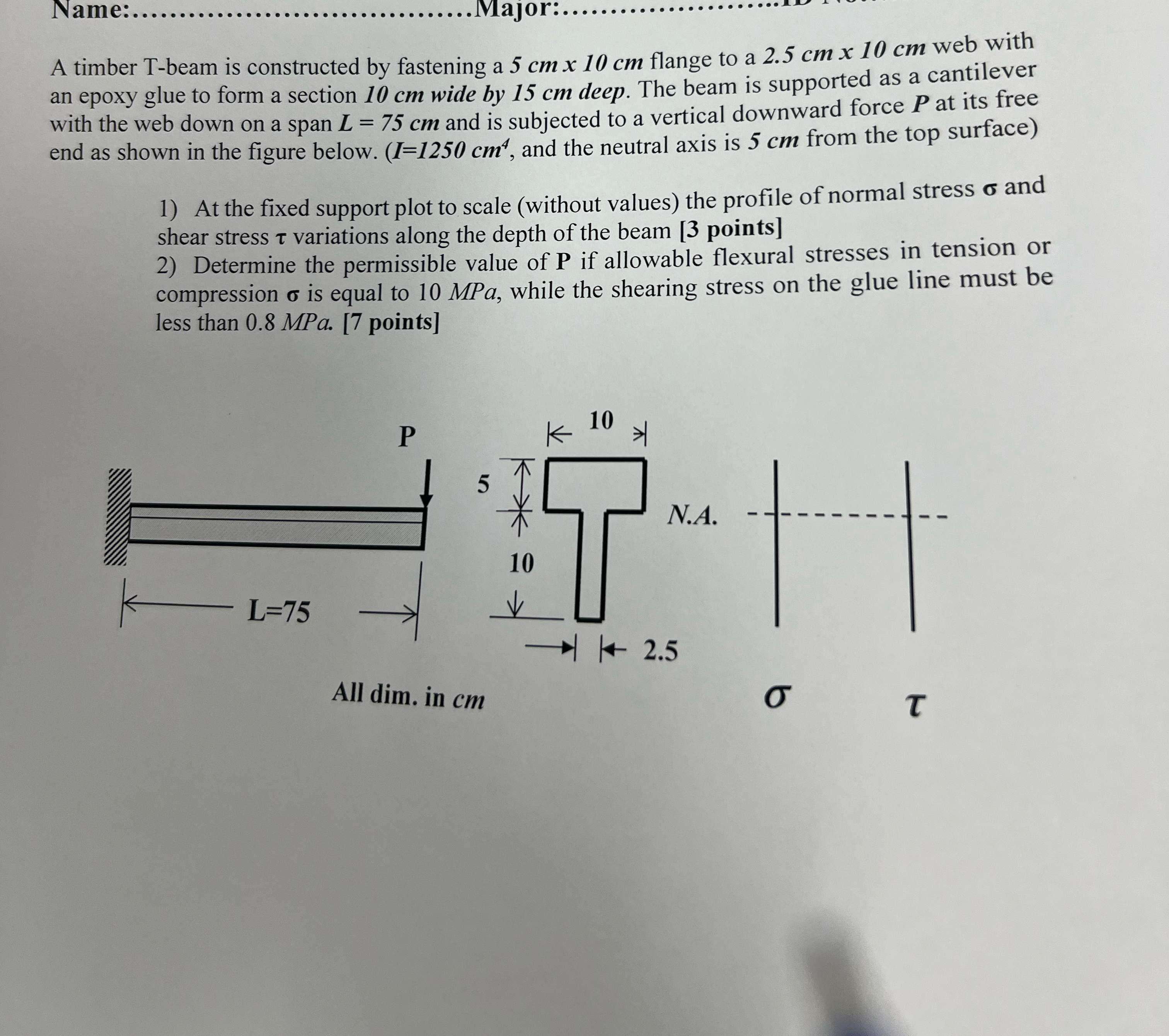 A timber T - beam is constructed by fastening a 5
