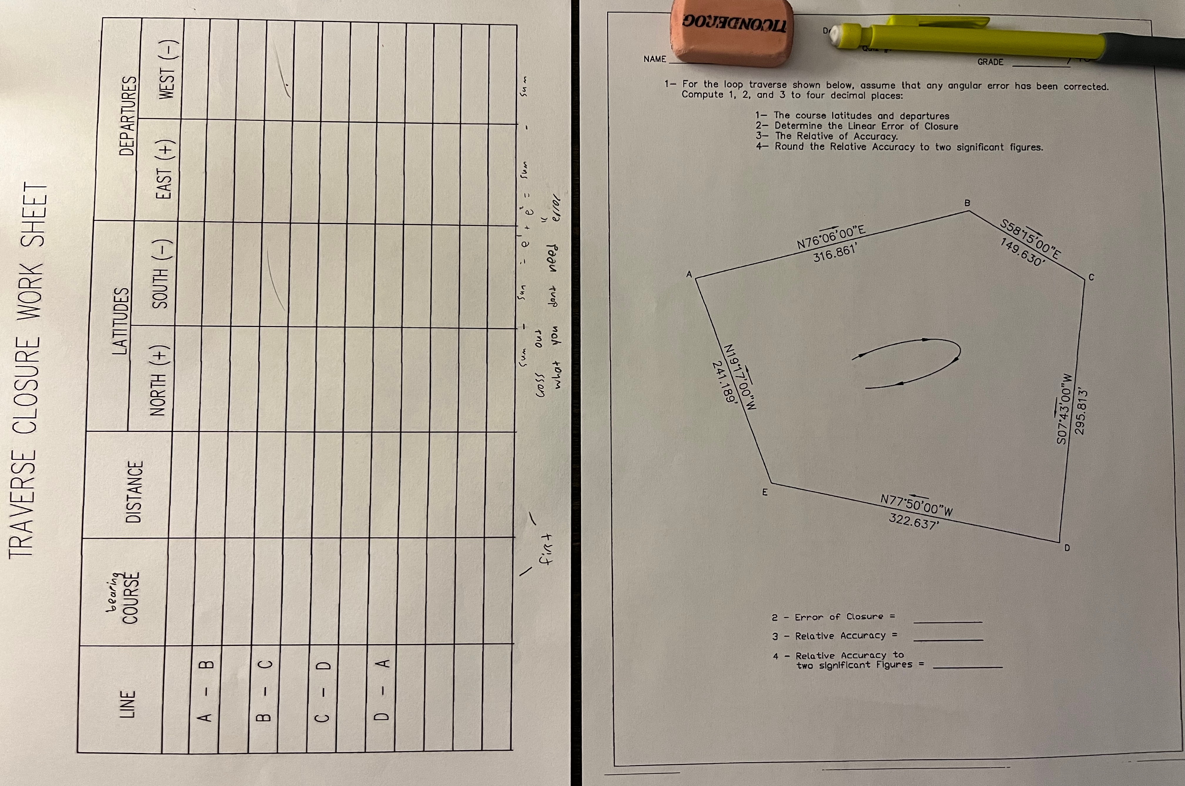 Please use traverse clousure worksheet to answer