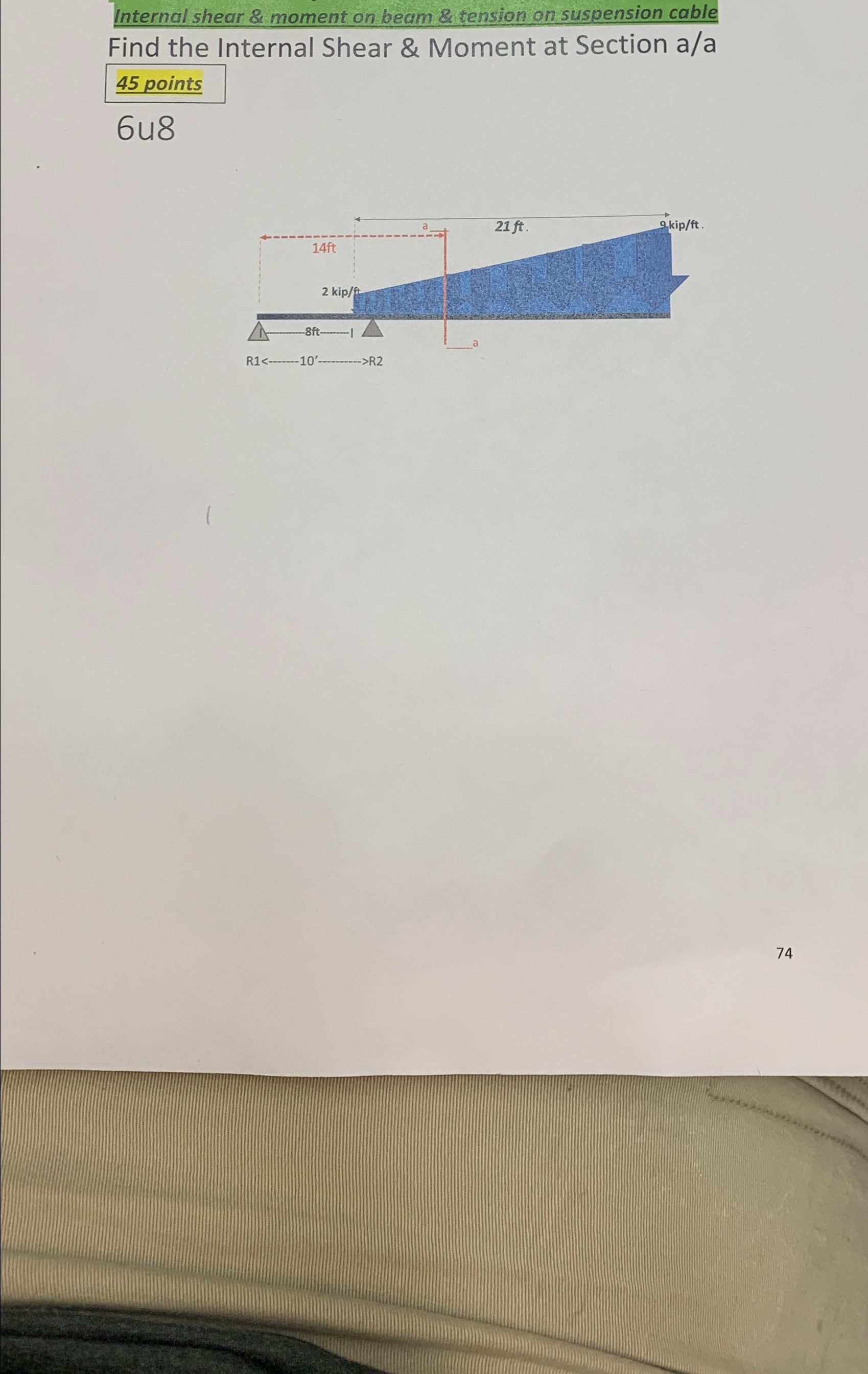 Internal shear & moment on beam & tension on