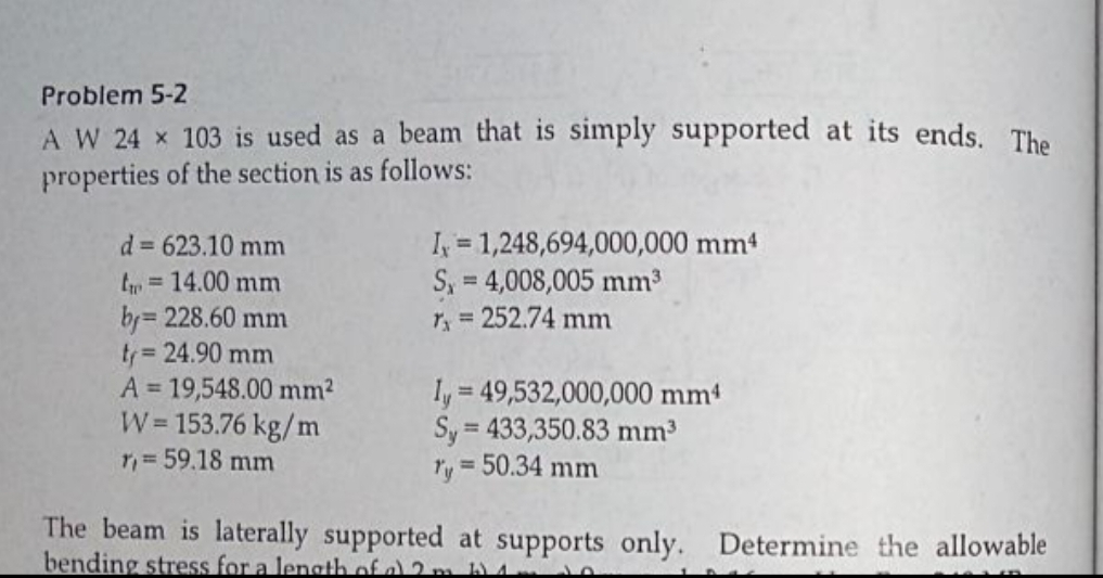Problem 5 - 2 A W 2 4 1 0 3 is used as a beam