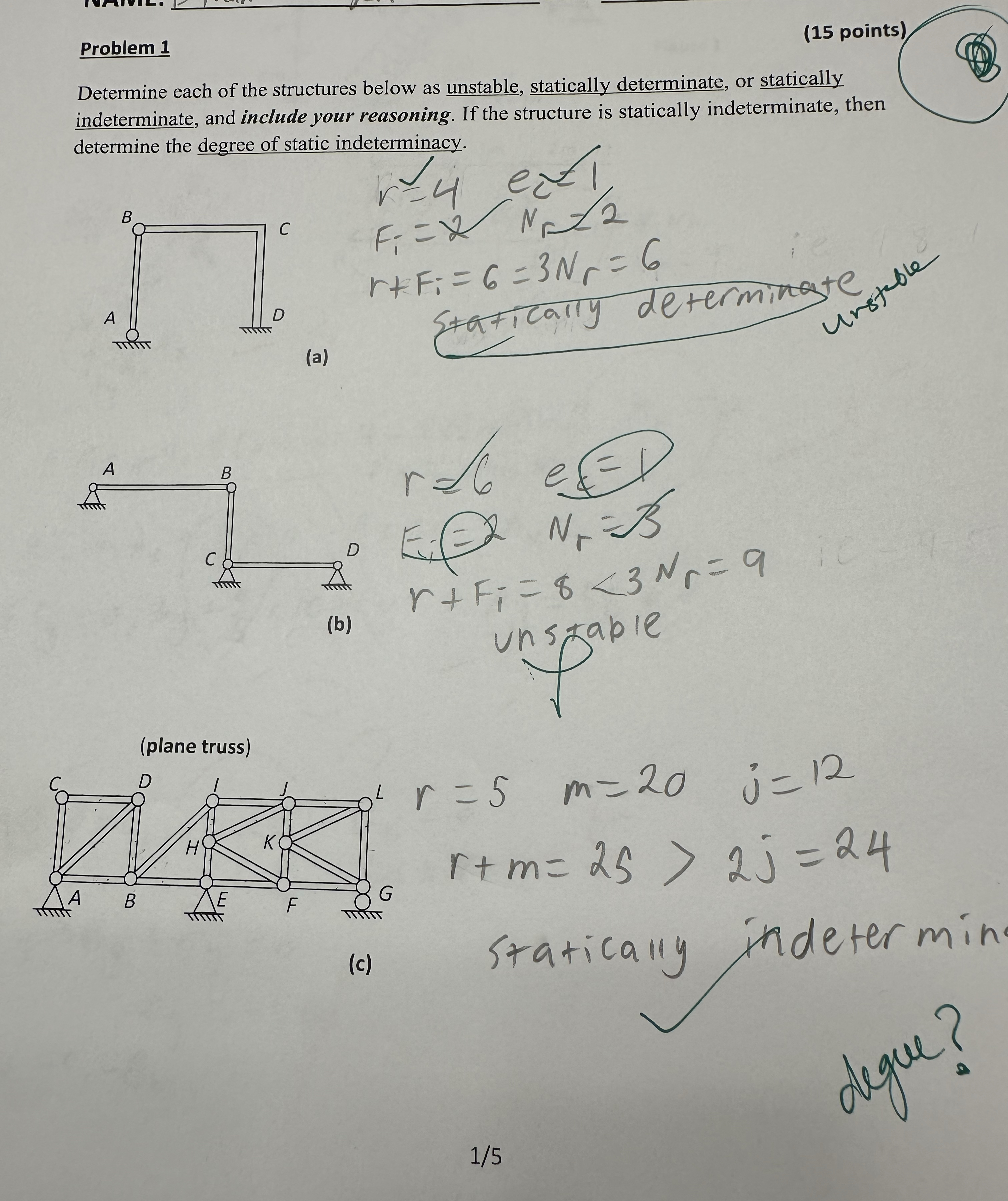 Problem 1 ( 1 5 points ) Determine each of the