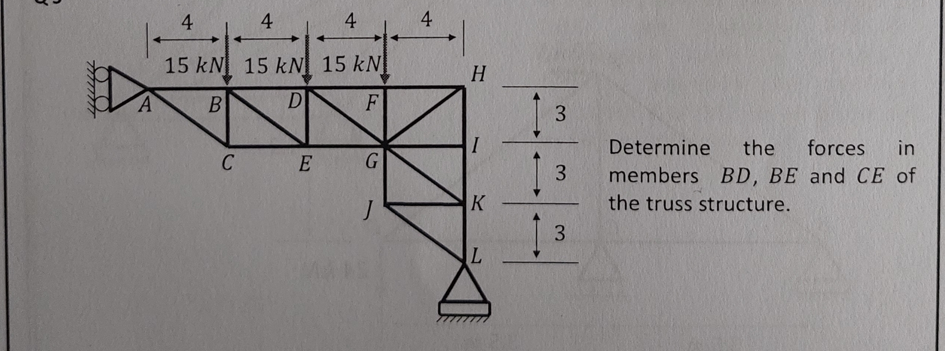 Determine the forces in members B D , B E and C E