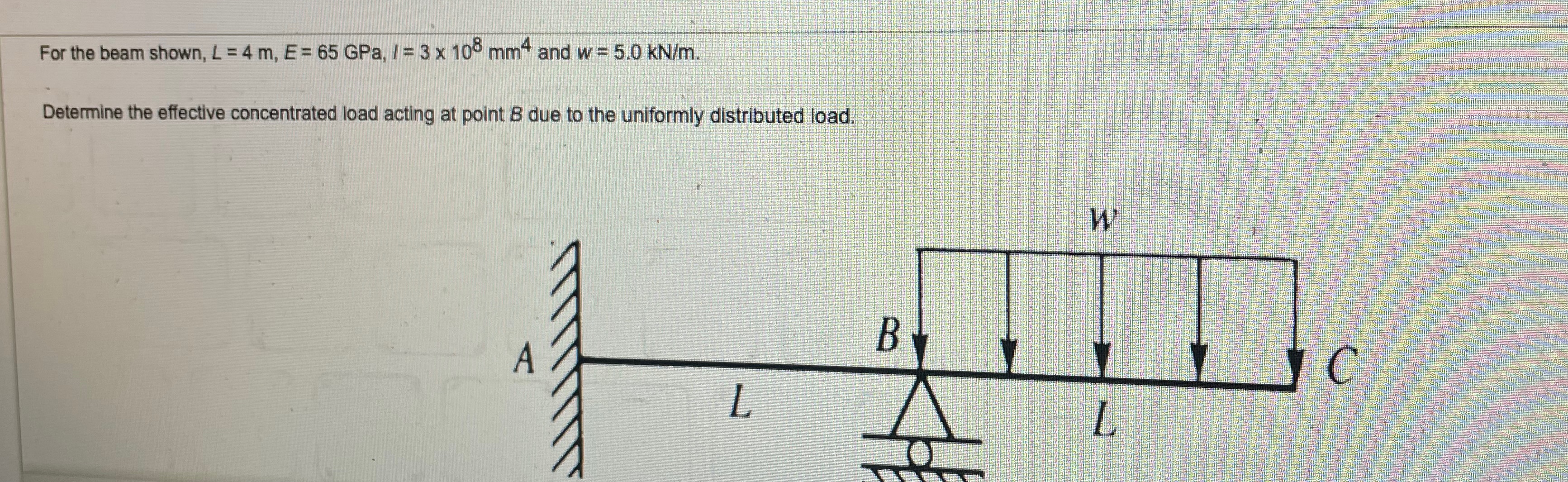 For the beam shown, L = 4 m , E = 6 5 GPa, I = 3