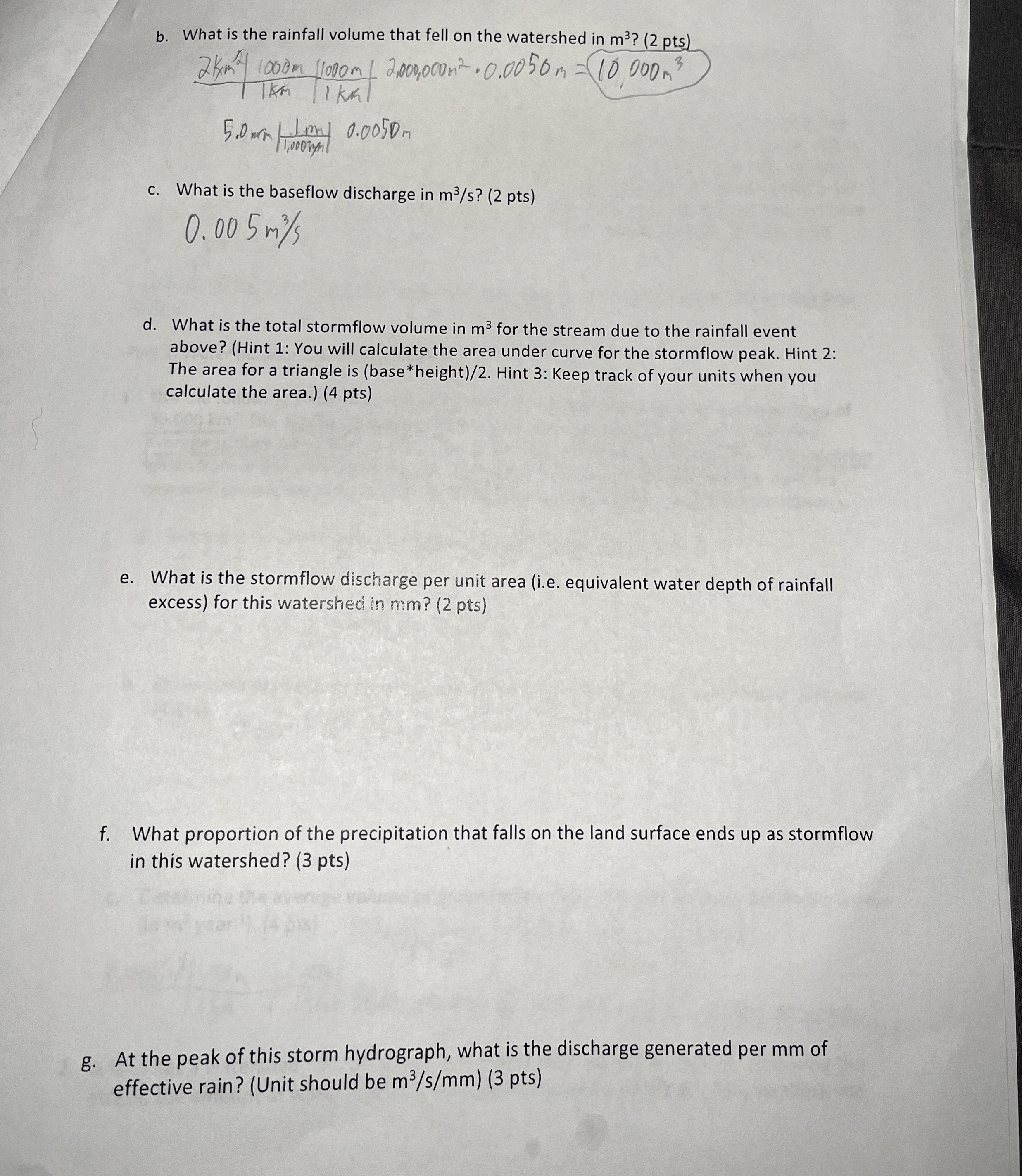 Part 2 : Hydrograph Separation A small watershed