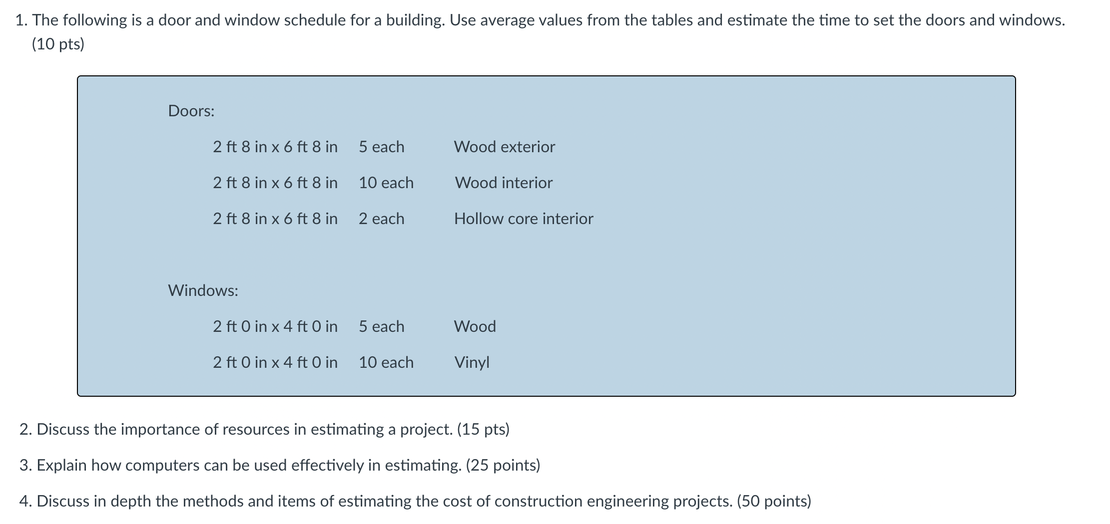 The following is a door and window schedule for a