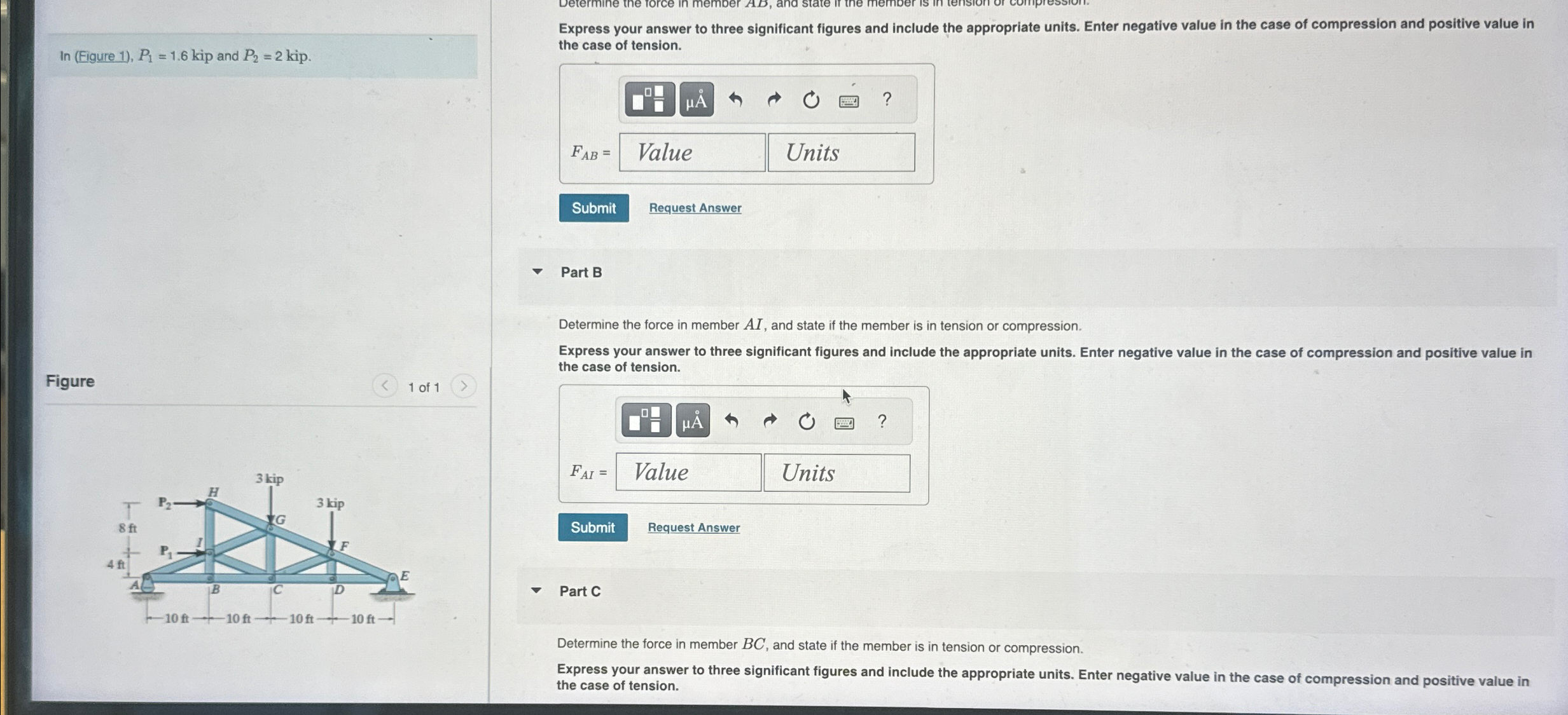 In ( Figure 1 ) , P 1 = 1 . 6 kip and P 2 = 2