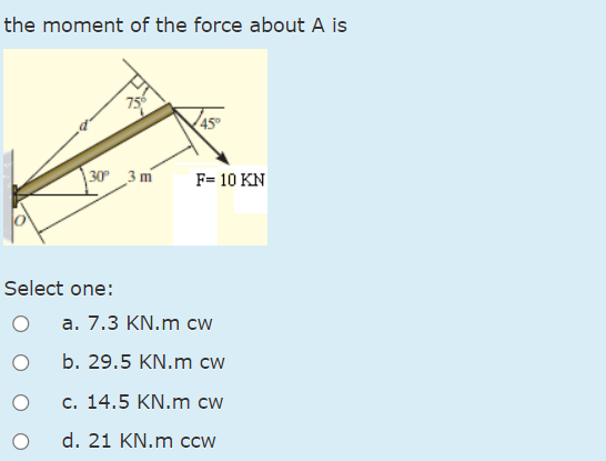 the moment of the force about A is Select one: a