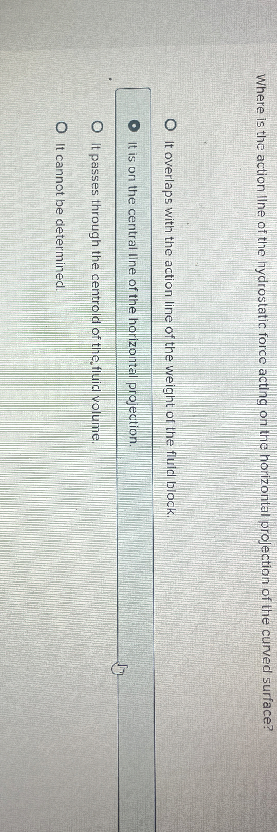 Where is the action line of the hydrostatic force