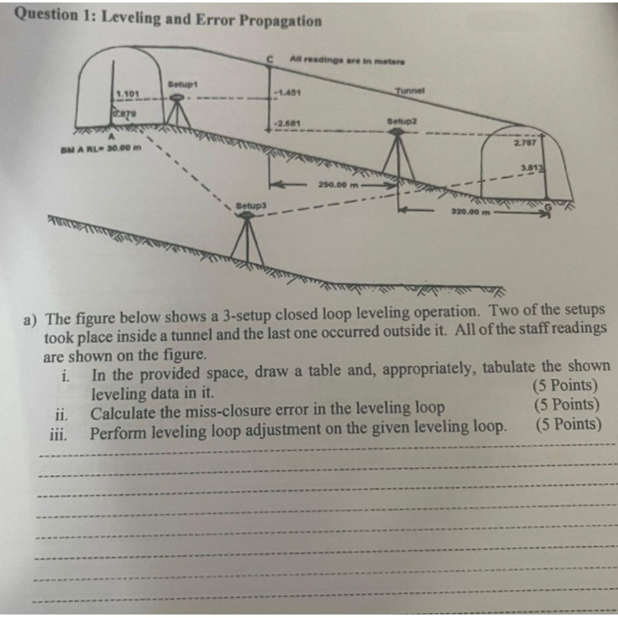 Question 1 : Leveling and Error Propagation a )