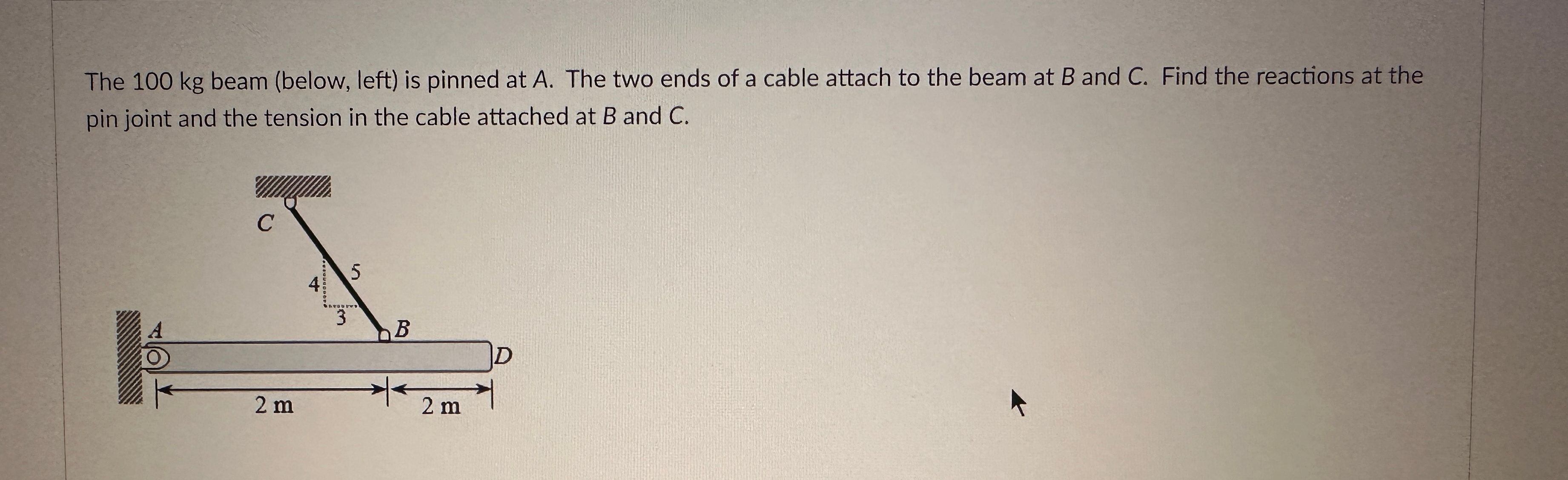 The 1 0 0 k g beam ( below , left ) is pinned at