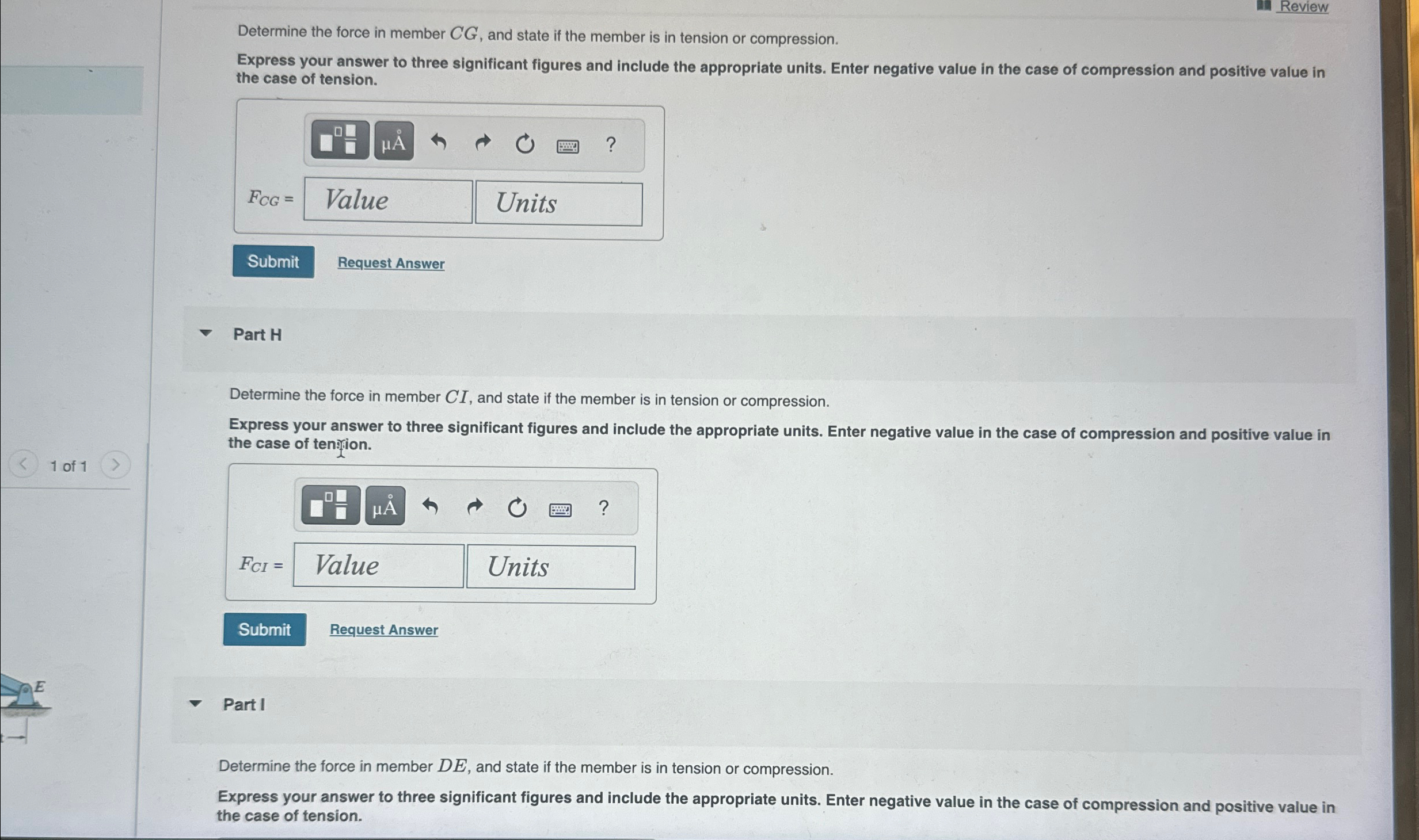 Review Determine the force in member C G , and