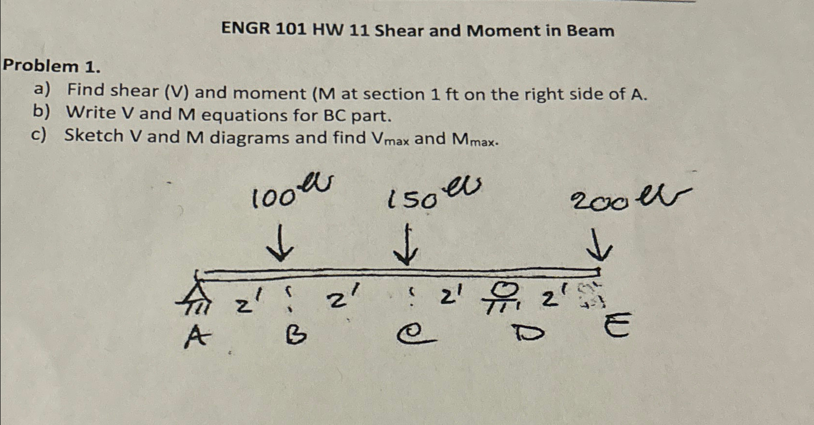 ENGR 1 0 1 HW 1 1 Shear and Moment in Beam